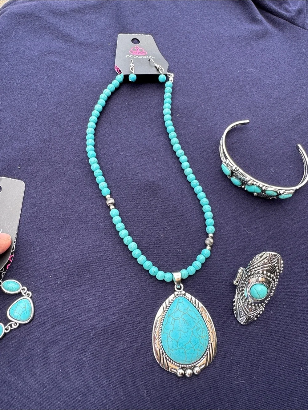 Paparazzi Turquoise Beaded Teardrop Necklace Set with Matching Ring and Cuff